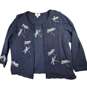 Quacker Factory Sweater Set Womens 1X Blue Dragonfly Rhinestone 2 in 1 Twinset